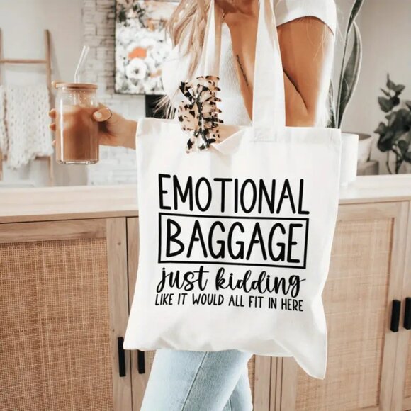 {NEW} Canvas Tote Bag with Fun "Emotional Baggage" Print  Beige - Picture 1 of 4